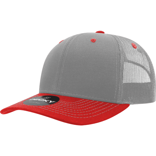 A grey and red trucker cap with a mesh back and a rounded brim. It features a logo on the front.