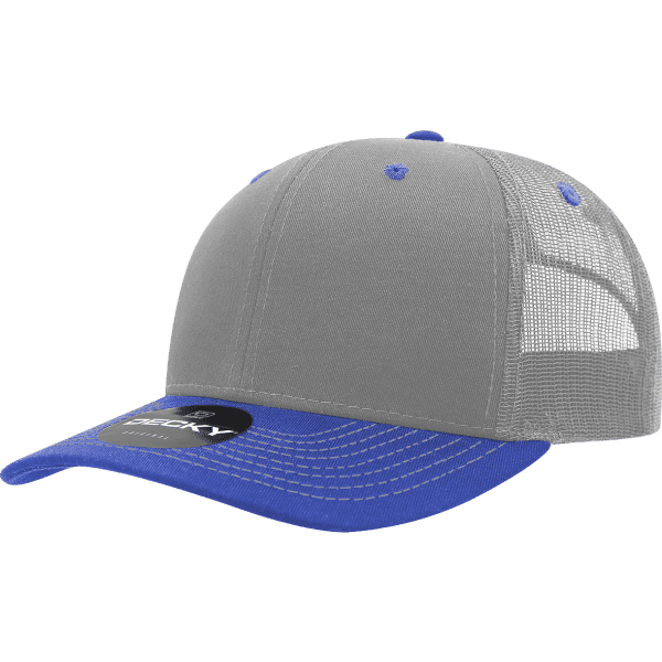 A grey and blue trucker cap featuring a mesh back and a rounded visor, with a logo on the front.