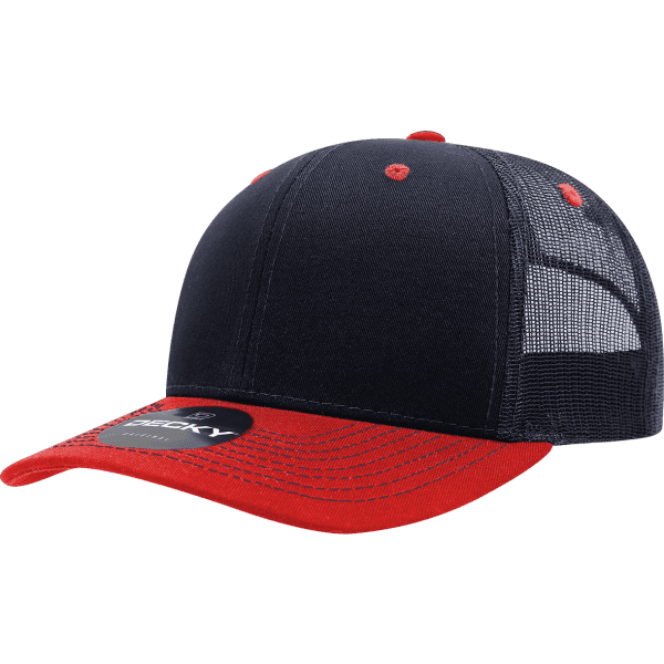 A navy blue and red trucker cap with a mesh back and a branded logo on the front.