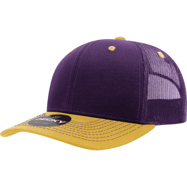 A purple and yellow trucker cap featuring a mesh back and a curved brim, with a logo on the front.