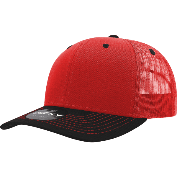 A red trucker cap with a black brim and mesh back, featuring a logo on the front.