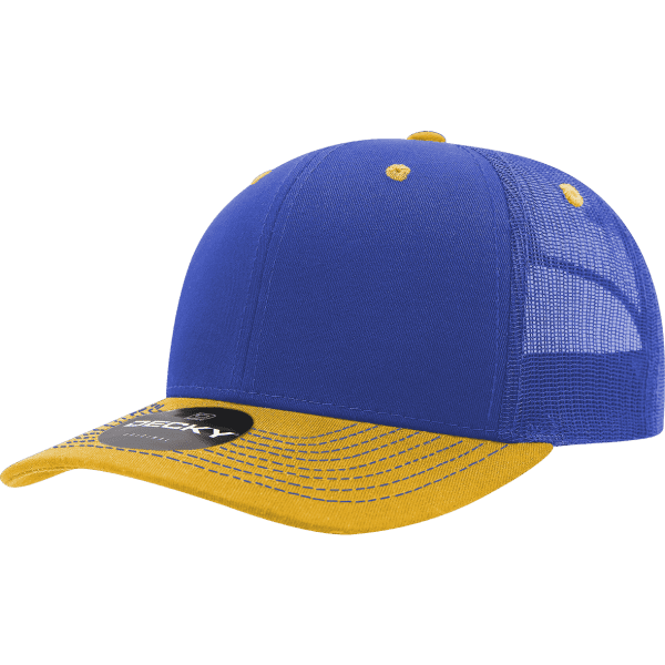 A blue and yellow 6-panel mid-profile trucker cap with a mesh back and a logo.