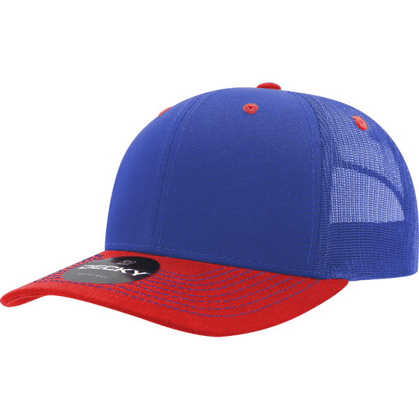 A blue and red 6-panel trucker cap with mesh sides and a branded logo on the front.