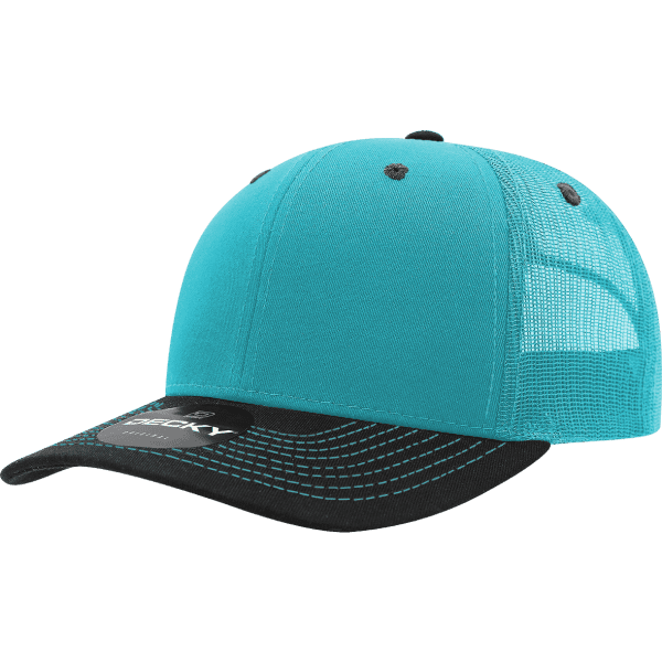 A turquoise trucker cap with a mesh back, featuring a black brim and a logo on the front.