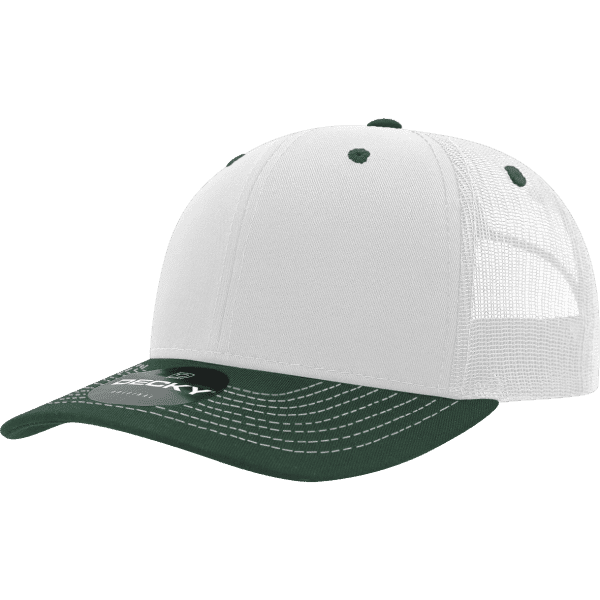 A green and white trucker cap with a six-panel design and mesh back, featuring a logo.