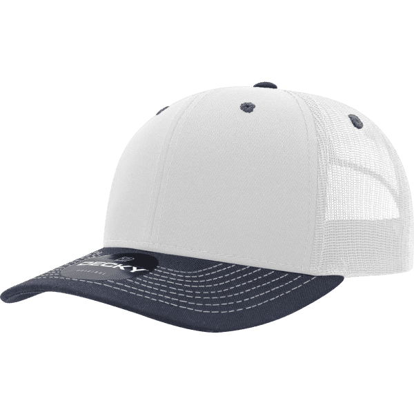 A white and navy six-panel trucker cap with mesh back, featuring stitching details and a logo.
