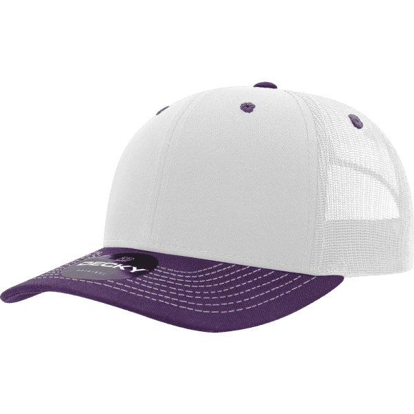 A purple and white trucker cap with a six-panel design and a mesh back, featuring a logo on the front.