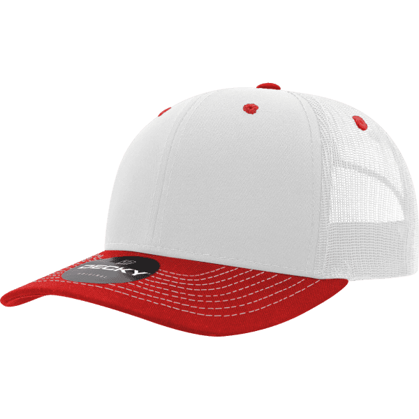 A white trucker cap with a red brim and stitching, featuring a mesh back and a logo on the front.