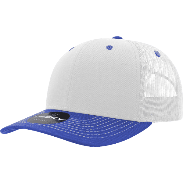 A white and blue 6-panel mid-profile trucker cap with mesh backing and a branded label.