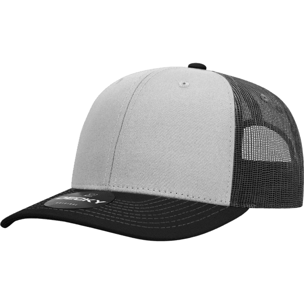A grey and black six-panel trucker cap with a mesh back and a logo on the front.
