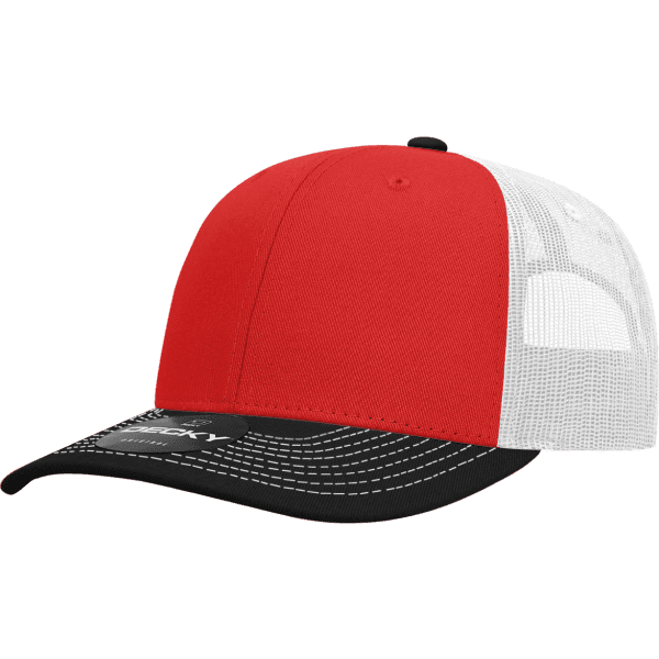 A red and white trucker cap with a black visor and a logo on the front.