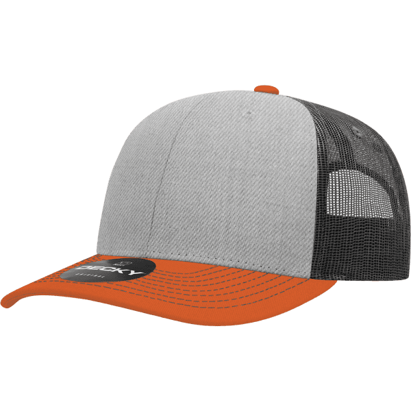 A grey and black trucker cap with an orange peak and a logo on the front.