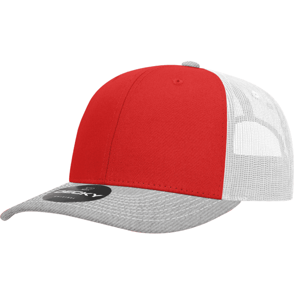 A red and grey trucker cap featuring a mesh back and a branded label on the front.