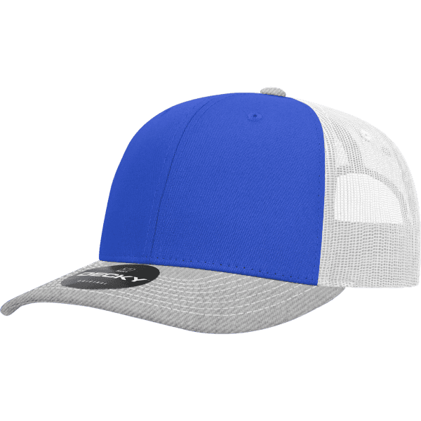 A blue and grey trucker cap with a white mesh back and a branded patch on the front.
