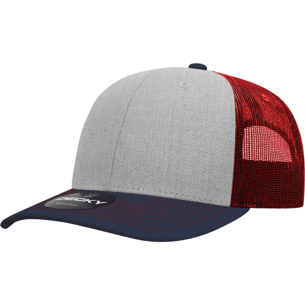 A grey and red 6-panel trucker cap with a mesh back and a dark peak, featuring a logo.