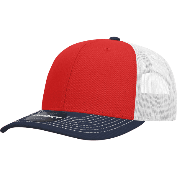 A red and white trucker cap with a navy blue brim and a logo on the front.