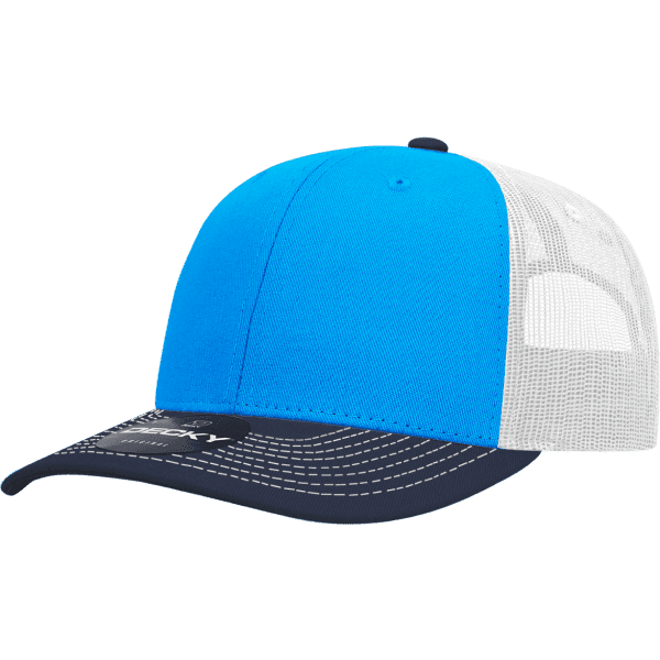 A blue and white six-panel trucker cap with a navy brim and a logo on the front.