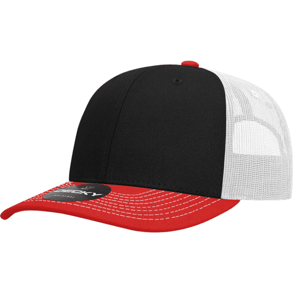 A black and red trucker cap with a white mesh back and a logo on the front.
