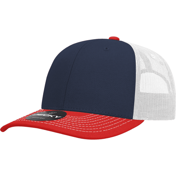 A trucker cap featuring a navy blue front, red brim, and white mesh back, complete with a logo.