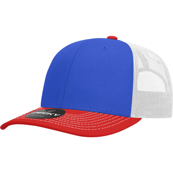 A blue and red trucker cap with a white mesh back and a branded label on the front.