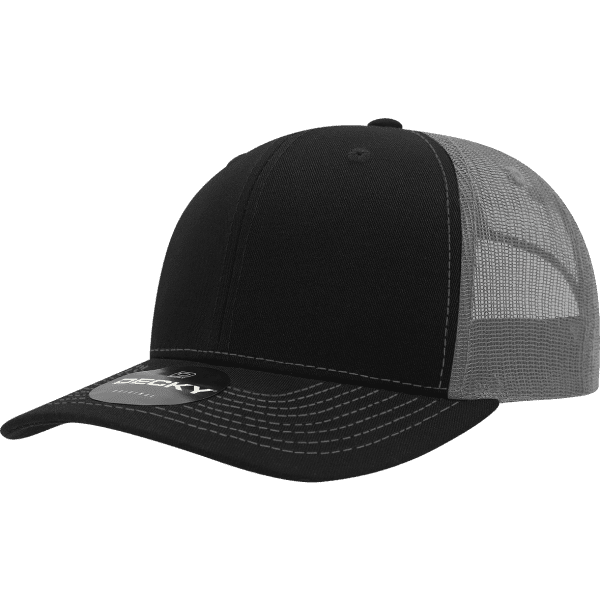 A black trucker cap with a grey mesh back and a logo on the front.