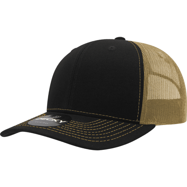 A black and tan trucker cap with a structured design and contrasting stitching. It features a logo on the front.