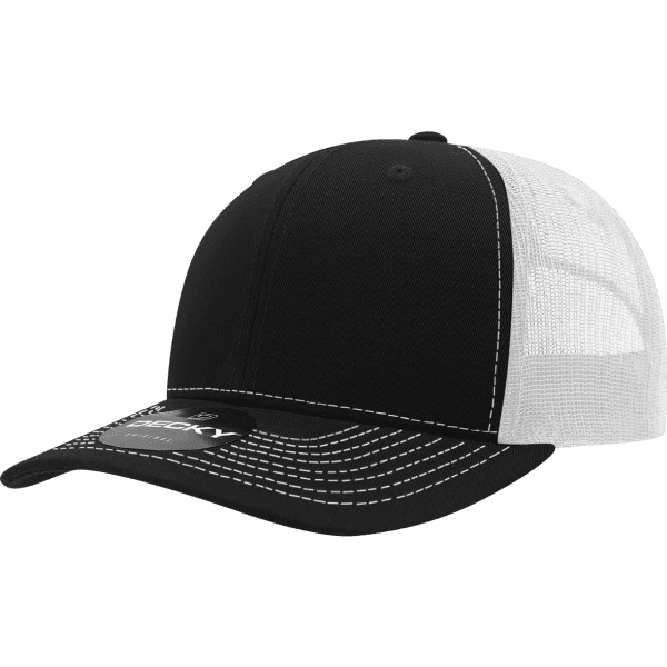A black and white trucker cap featuring a mesh back and contrasting stitching, with a visible logo.