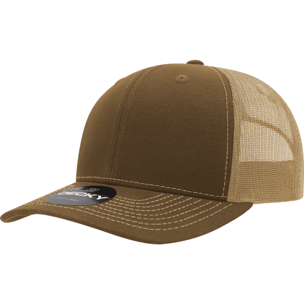 A brown trucker cap with a mid-profile design and contrasting mesh back. It features a branding logo.