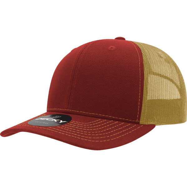 A structured trucker cap in red with a beige mesh back, featuring a logo on the front.