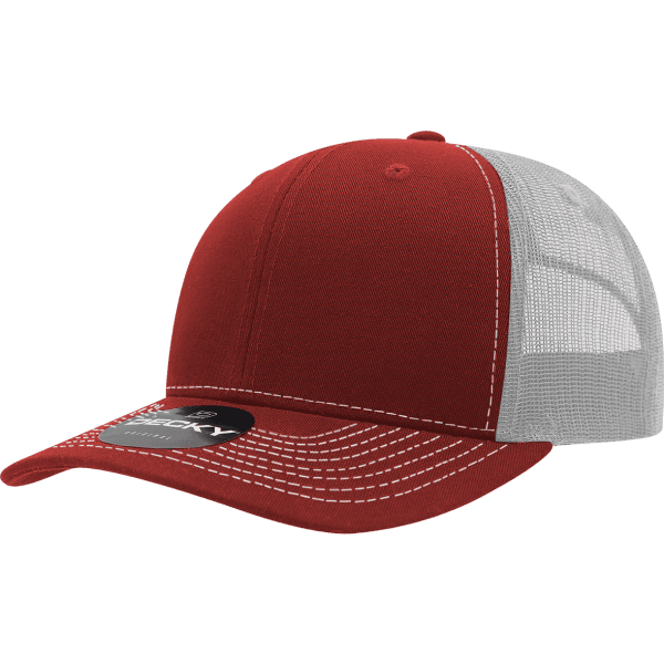 A red and white trucker cap with a mesh back and a curved visor, featuring a branding logo.