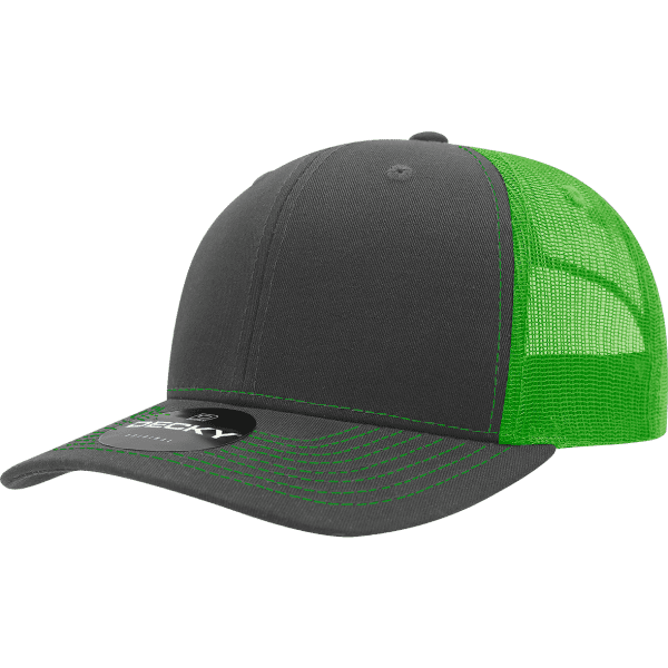 A grey trucker cap with a green mesh back, featuring a curved brim and a branded label on the front.
