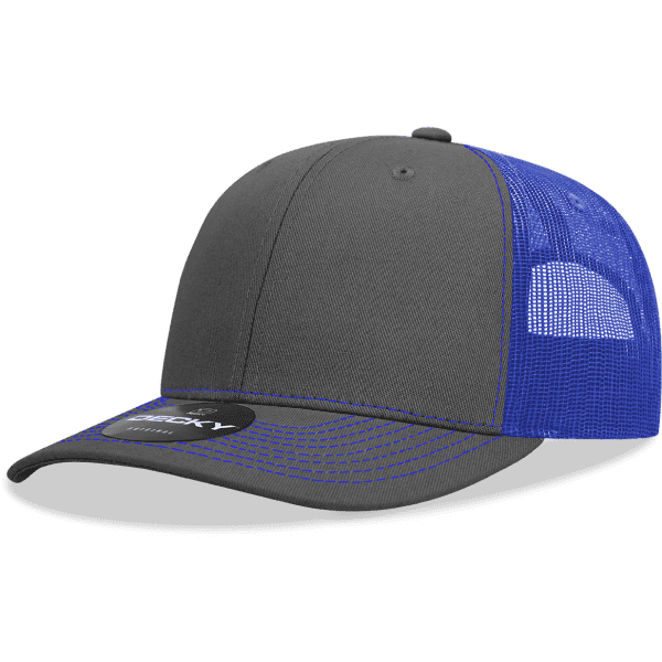 A grey and blue trucker cap with a mesh back and a branded logo on the front.