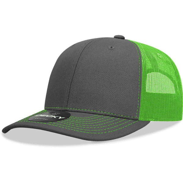 A grey and bright green trucker cap with a mesh back and a curved visor, featuring a logo.
