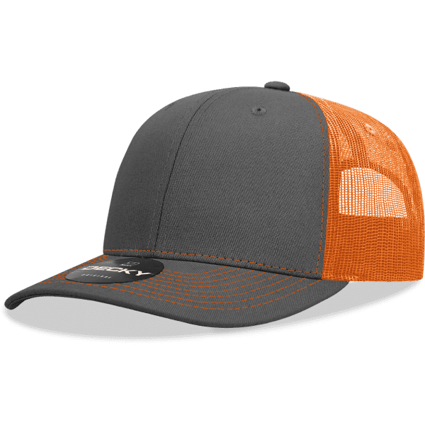 A grey cap with an orange mesh back and a logo on the front.