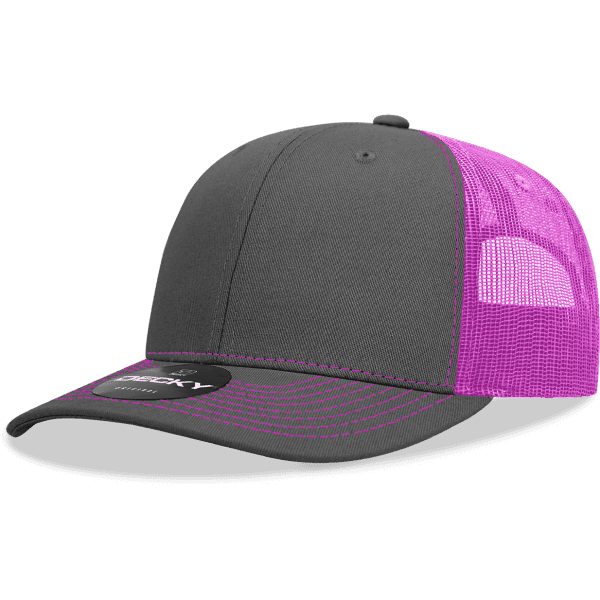 A grey and pink trucker cap featuring a six-panel design and a mesh back, with a logo on the front.