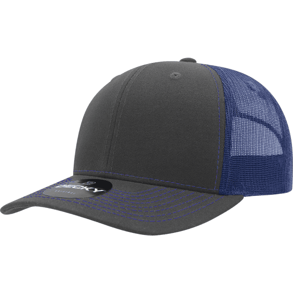A grey trucker cap with a mesh back and a front panel, featuring a logo on the underside of the brim.