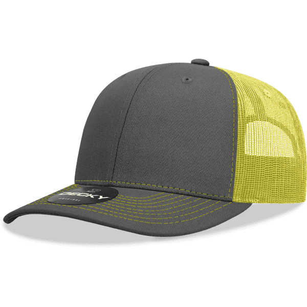A grey trucker cap with a yellow mesh back and a branded logo on the front.