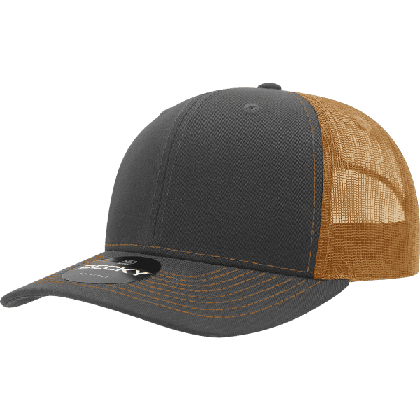 A grey trucker cap with an orange mesh back and a branded patch on the front.