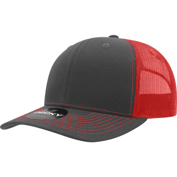 A grey trucker cap with red mesh panels and a branded label on the front.