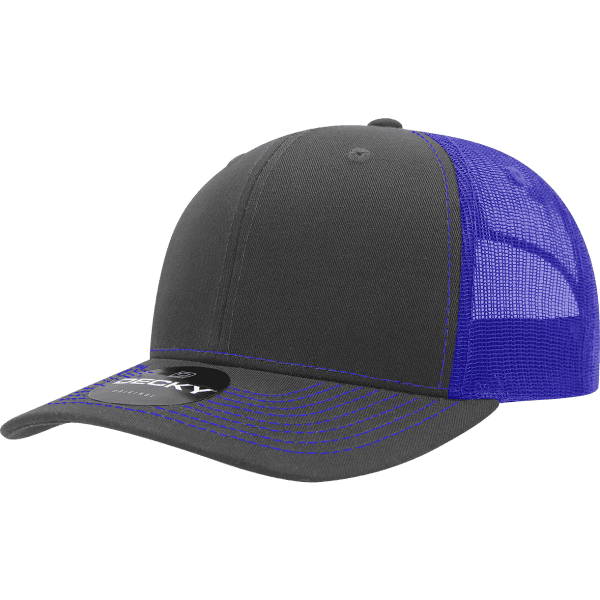 A grey cap with a blue mesh back, featuring a curved peak and a branded tag.