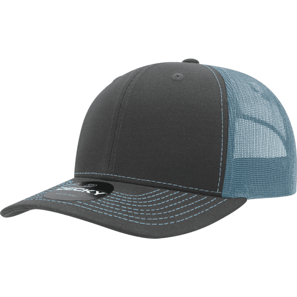 A grey hat with a blue mesh back, featuring a curved brim and a logo on the front.