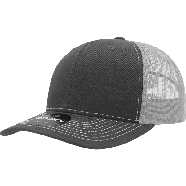 A grey trucker cap with a white mesh back and contrasting stitching, featuring a branding logo.