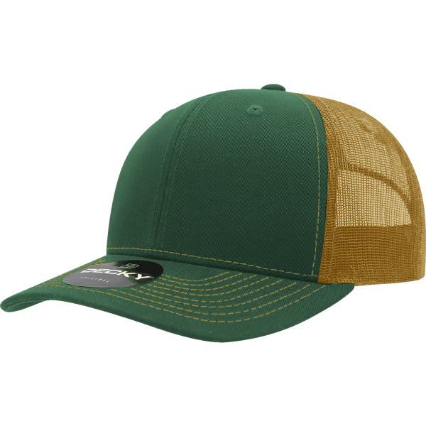A green and brown trucker cap with a structured design and a mesh back, featuring a logo.