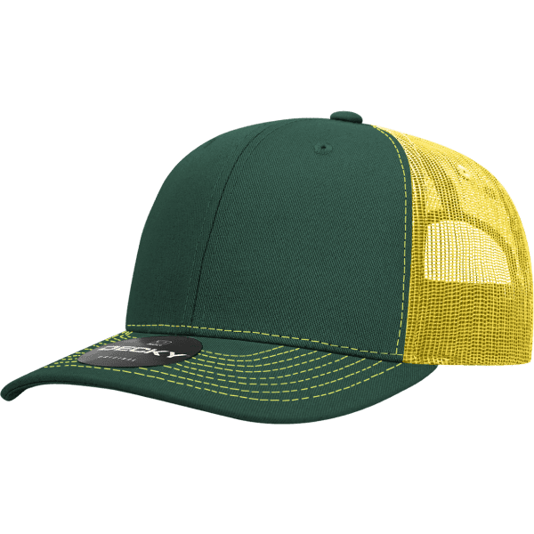 A green trucker hat with a yellow mesh back and contrasting stitching, featuring a logo on the front.