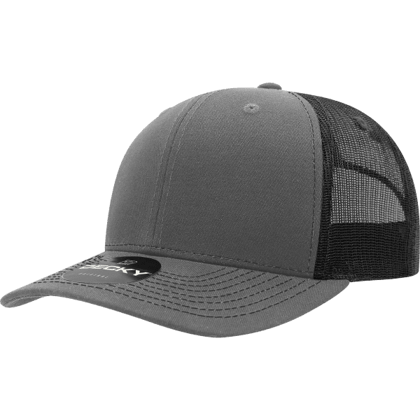 A grey and black trucker cap featuring a mesh back and a rounded brim, with a logo on the front.