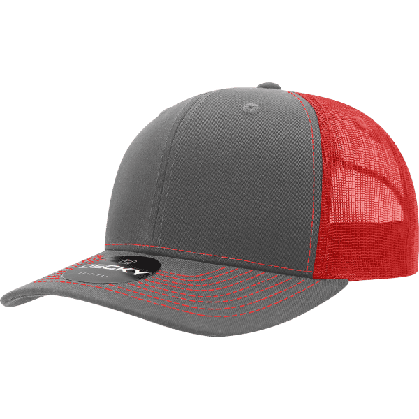 A grey and red structured trucker cap with a mesh back and a curved brim, featuring a logo.