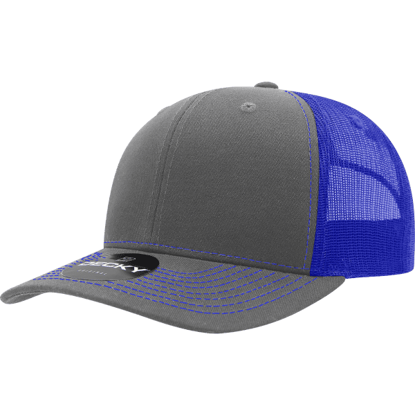 A grey and blue trucker cap with structured mid-profile and a mesh back. It features a logo on the front.