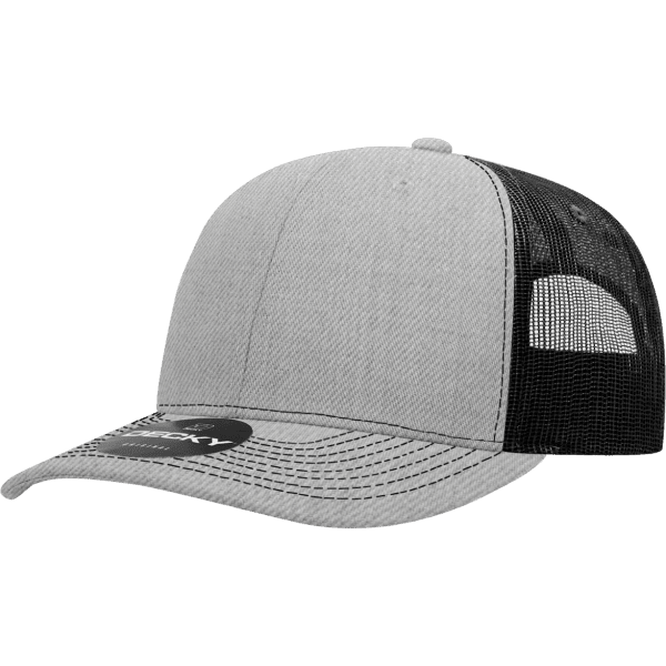 A grey trucker cap with a black mesh back and a branded logo on the front.