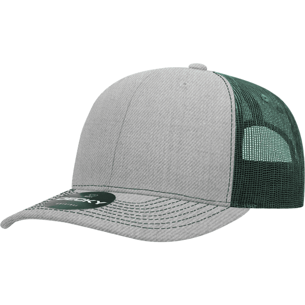 A grey and green 6-panel trucker cap with a mesh back and a logo on the front.