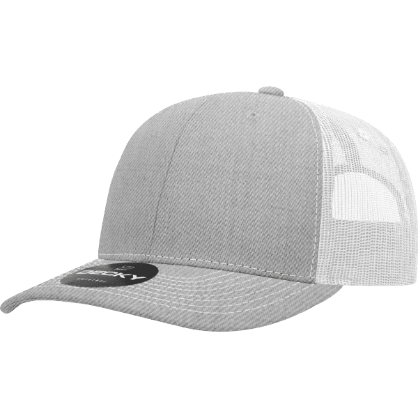 A mid-profile trucker cap in grey with a mesh back and a logo on the front.